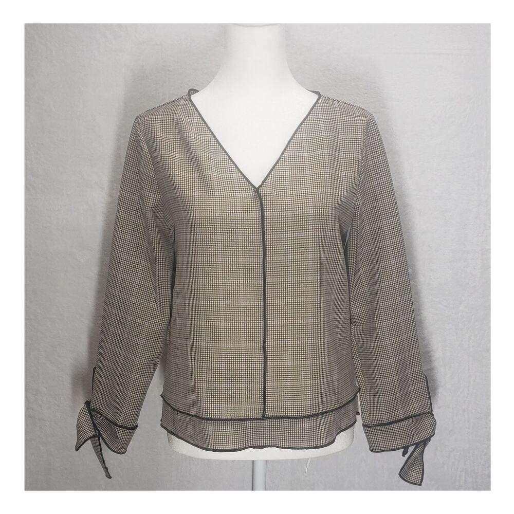 Zara Basic Houndstooth Blouse XS V-Neck Tie Cuff Workwear Dark Corporate